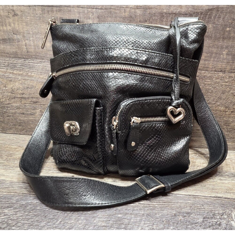 Brighton Black Pebbled Leather Croc Shoulder Purse Bag Handbag Satchel E370920